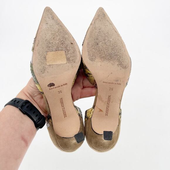 Manolo Blahnik Tan Suede Snakeskin PVC Cutout Pointed Toe D'Orsay Heel IT 36 - Picture 10 of 11